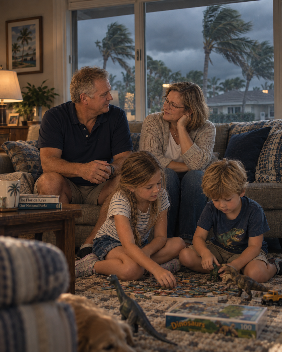 The Reynolds family calm at home while a storm gathers outside