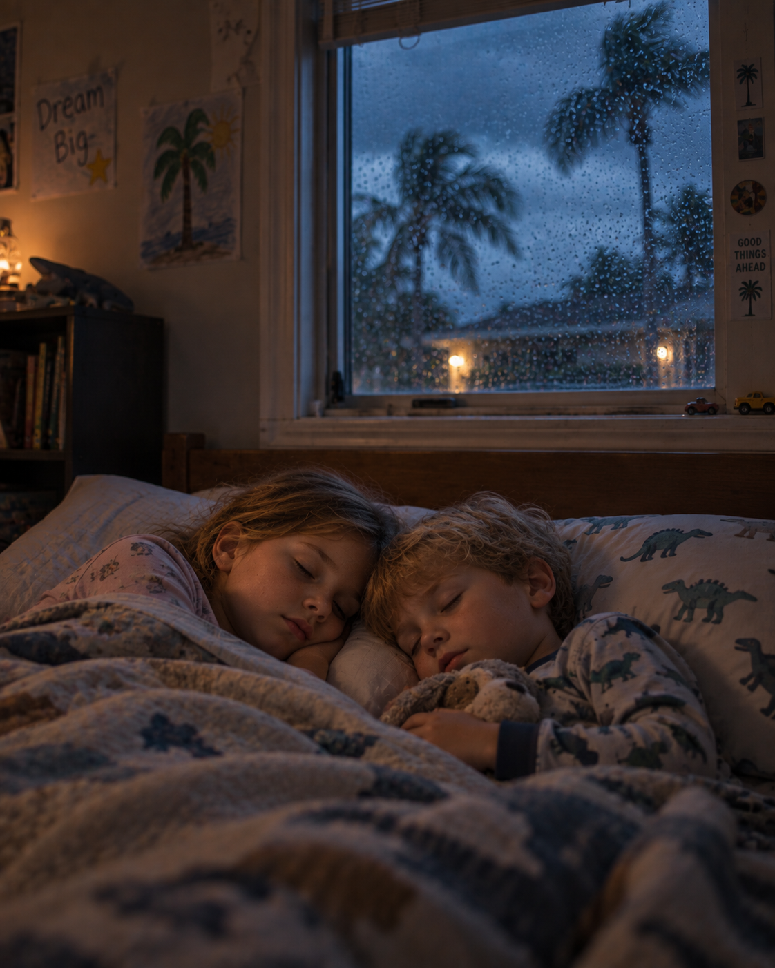 Ava and Noah asleep, the old window behind them